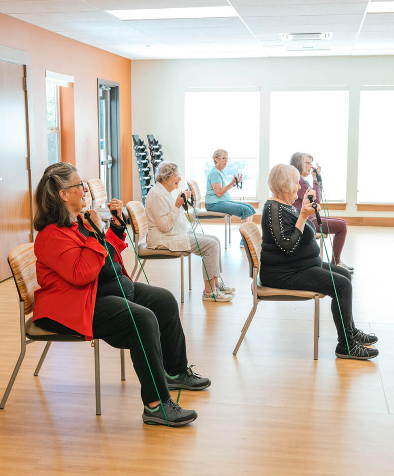 Residents exercising at the Bozeman community