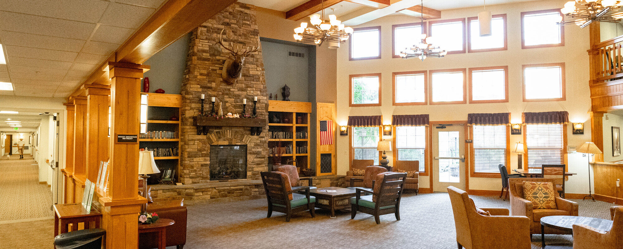 Fire side common area at the Missoula community
