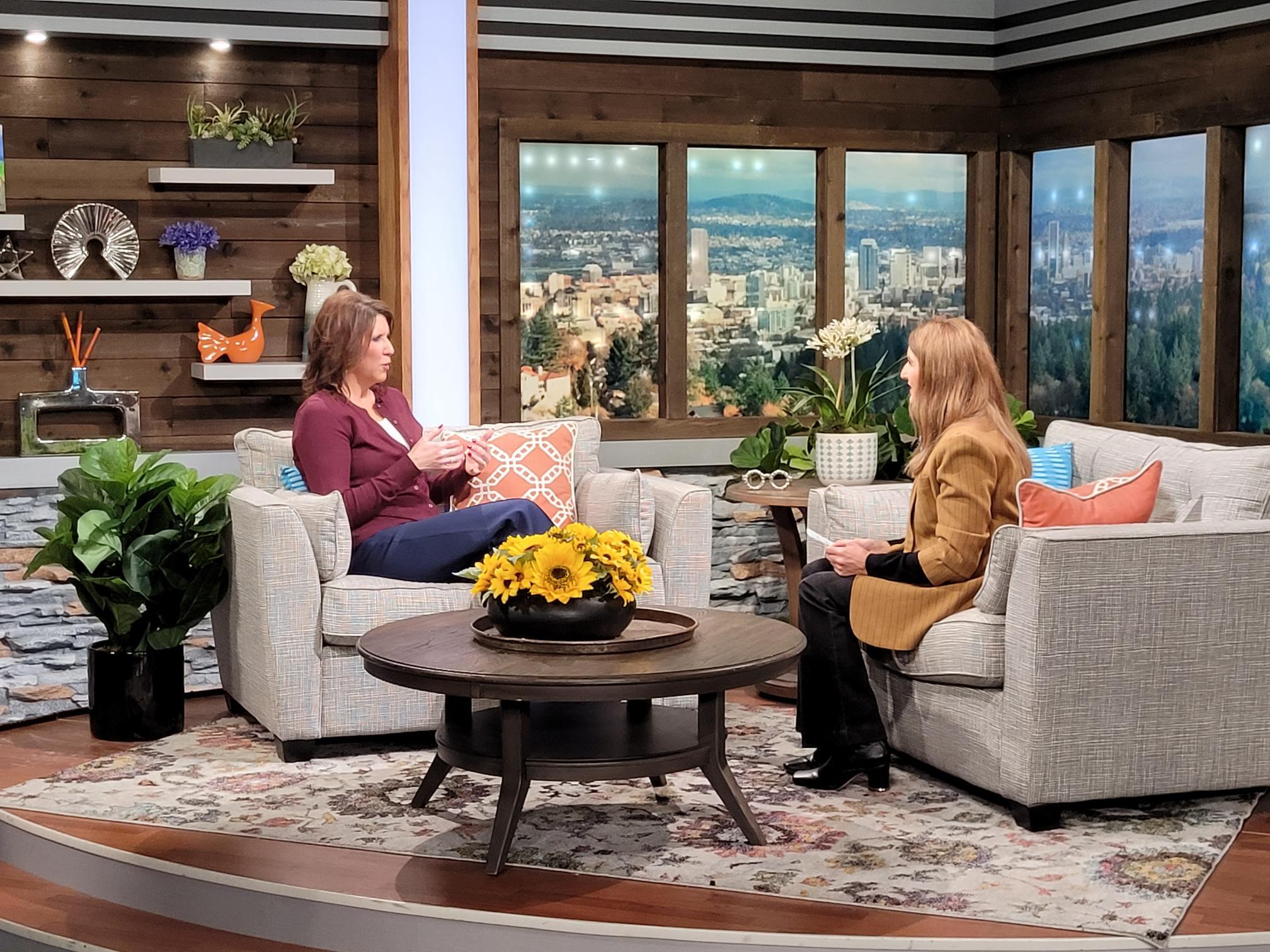 Brenda Connelly, President of The Springs Living, during a studio interview on KATU’s AM Northwest discussing senior living innovation and the SCAN Health Plan partnership.