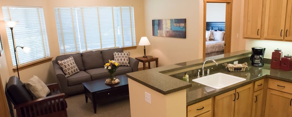 Living room in a senior assisted living apartment at The Springs at Wilsonville in Wilsonville, Oregon