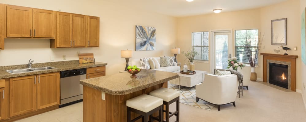Kitchen and living room at The Springs at Tanasbourne in Hillsboro, Oregon