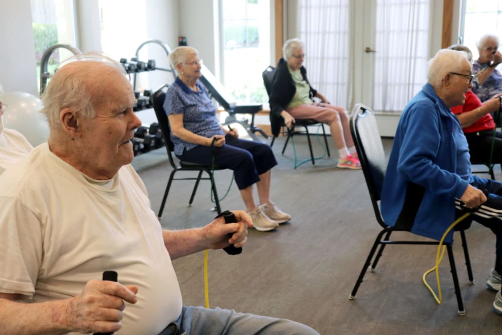 Residents in an exercise program at The Springs at Clackamas Woods in Milwaukie, Oregon.