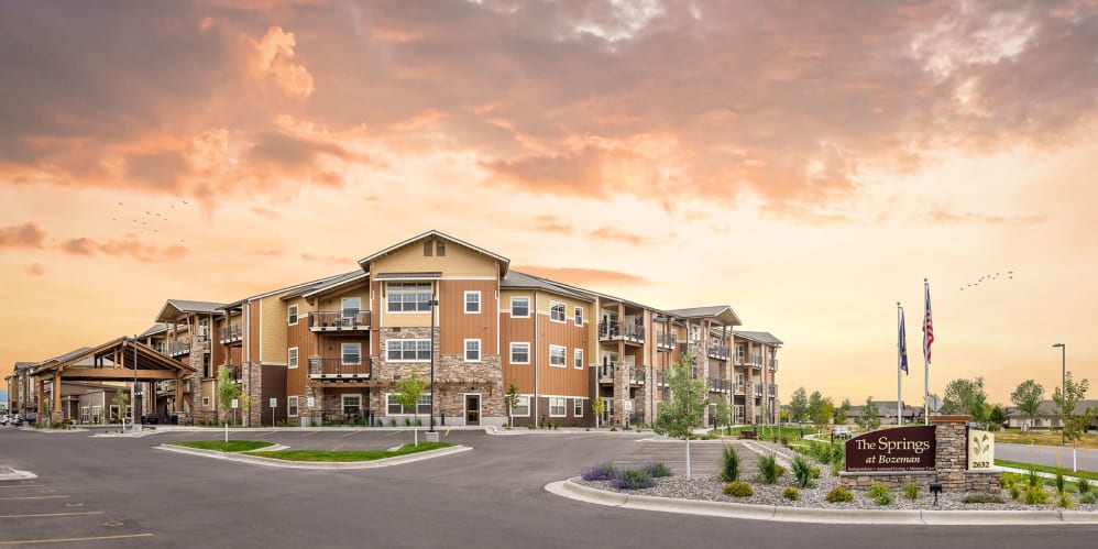 Beautiful sunset over the facility at The Springs at Bozeman in Bozeman, Montana