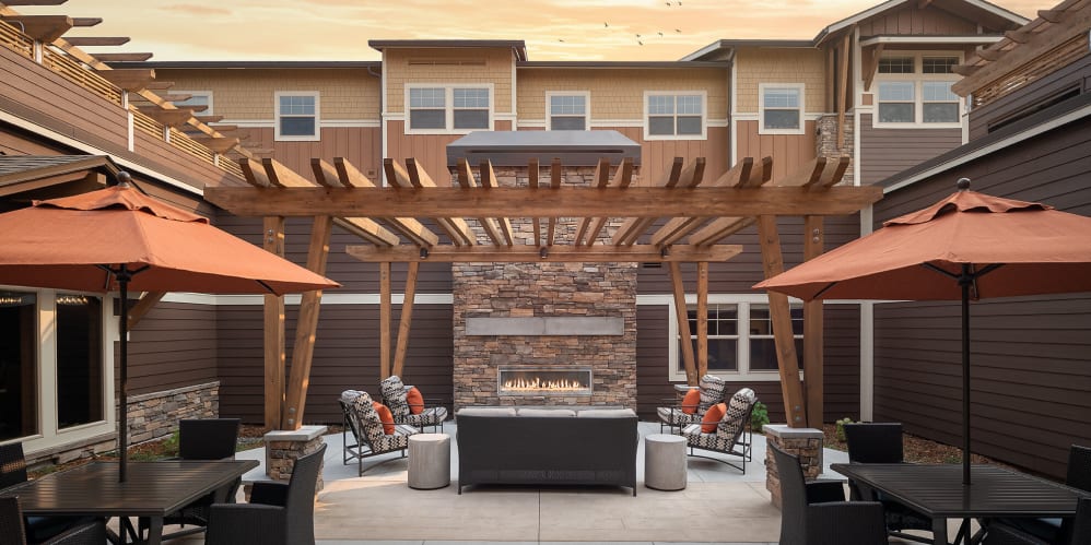 Sunset outdoor patio at The Springs at Bozeman in Bozeman, Montana