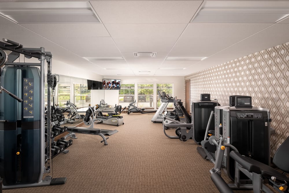 sophisticated gym with beautiful views at The Springs at Bozeman in Bozeman, Montana