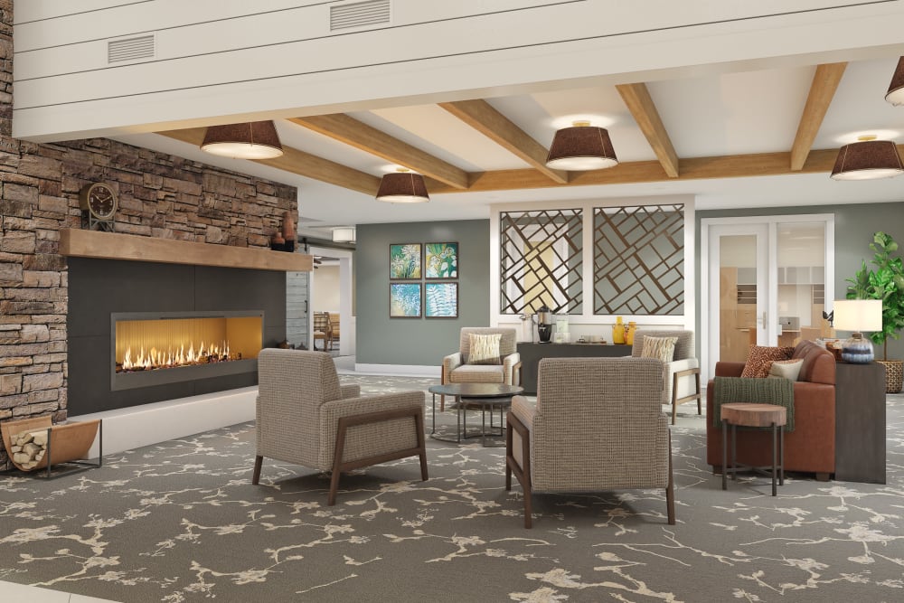 Render of fireside lobby at The Springs at Happy Valley in Happy Valley, Oregon