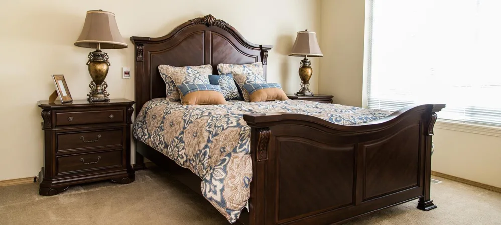 Upscale bedroom in senior memory care facility at The Springs at Butte in Butte, Montana