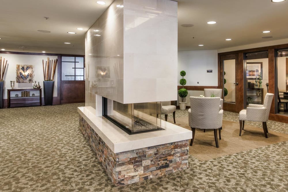 Delightful lounge area and fire place at The Springs at Carman Oaks in Lake Oswego, Oregon