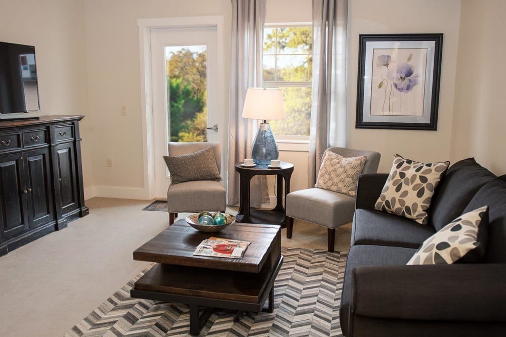 Luxurious living area at senior living apartment in The Springs at Greer Gardens at Eugene, Oregon