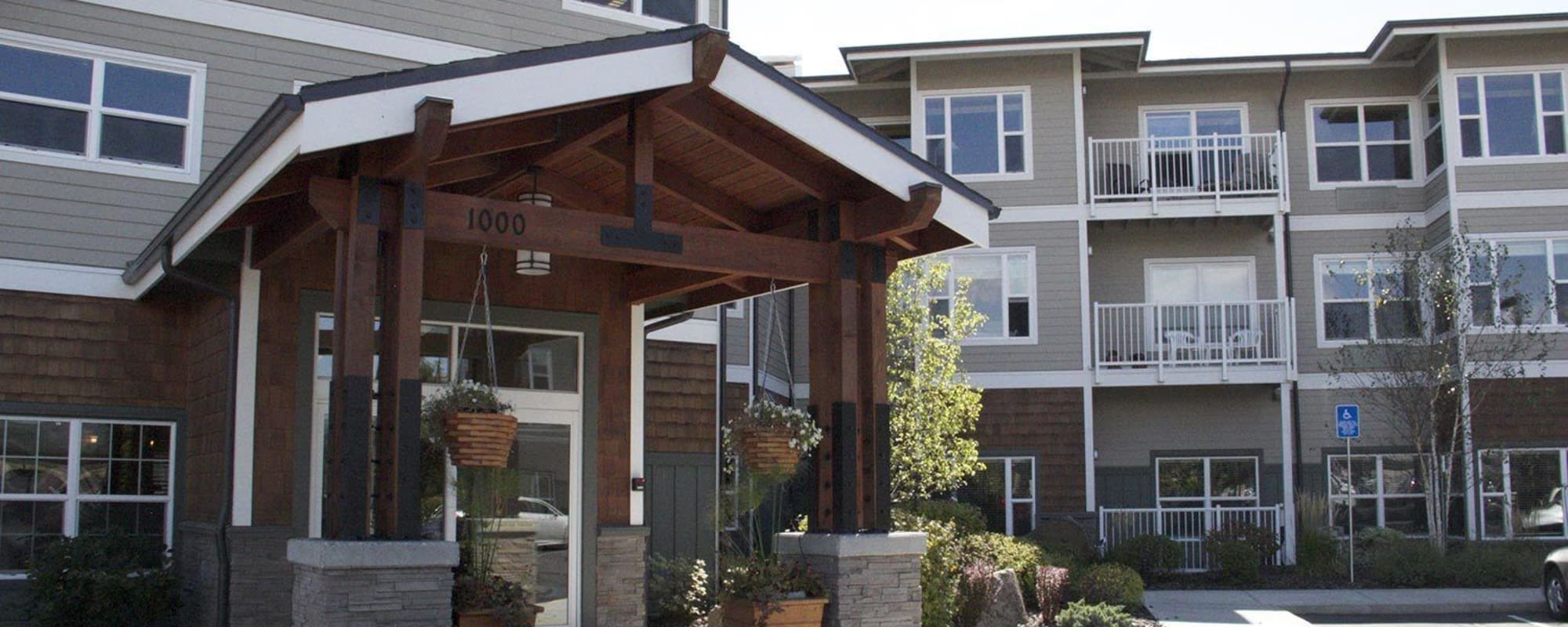 Elegant front entrnace of upscale senior living facility at The Springs at Mill Creek in The Dalles, Oregon